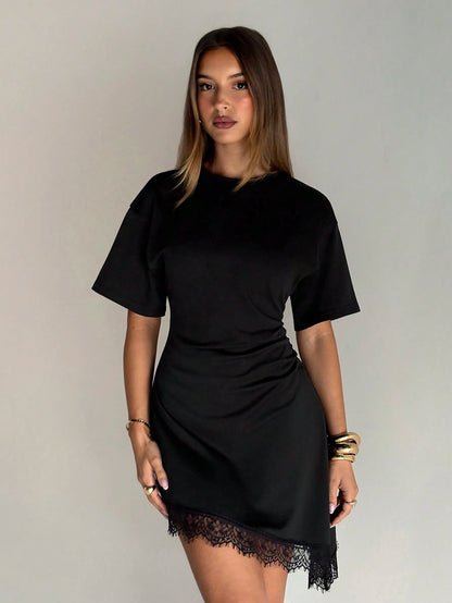 Aloruh Women's Elegant Round Neck Asymmetrical Hem Lace Patchwork Waist-Cinched Short Sleeve Mini Dress