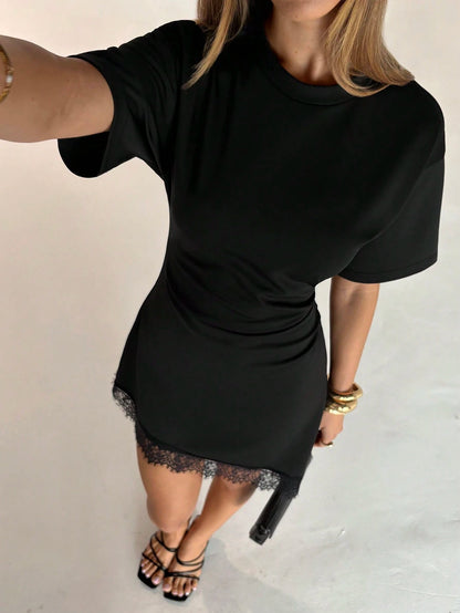 Aloruh Women's Elegant Round Neck Asymmetrical Hem Lace Patchwork Waist-Cinched Short Sleeve Mini Dress