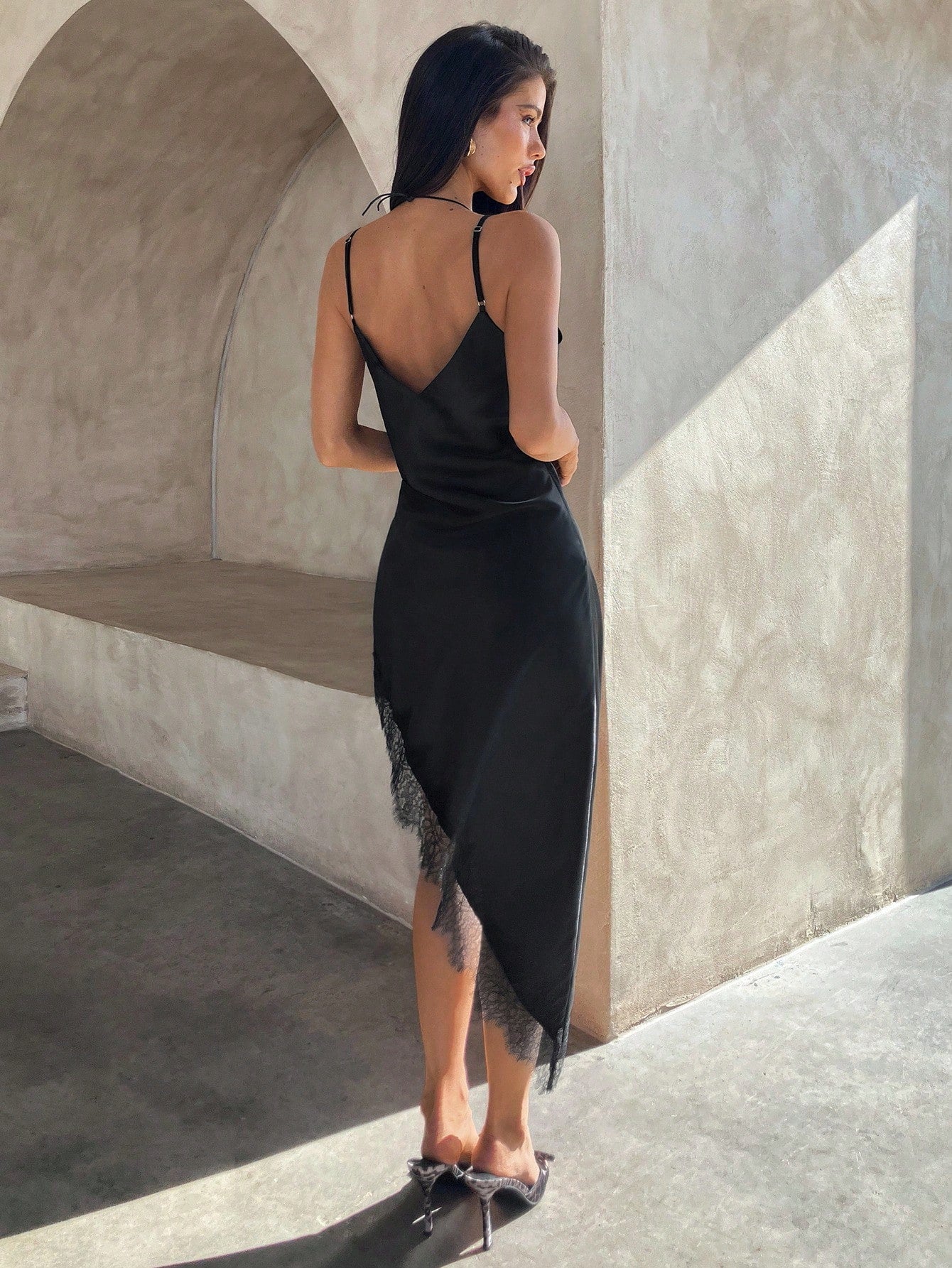 Aloruh Women's Elegant Sexy Black Summer Satin Dress,Lace Trim V-Neck Spaghetti Strap Asymmetrical Hem Mid-Length Date Night Beach Night Out Vacation Outfits