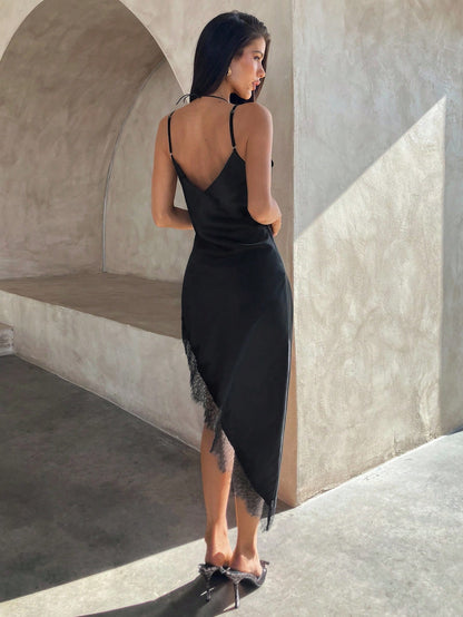 Aloruh Women's Elegant Sexy Black Summer Satin Dress,Lace Trim V-Neck Spaghetti Strap Asymmetrical Hem Mid-Length Date Night Beach Night Out Vacation Outfits