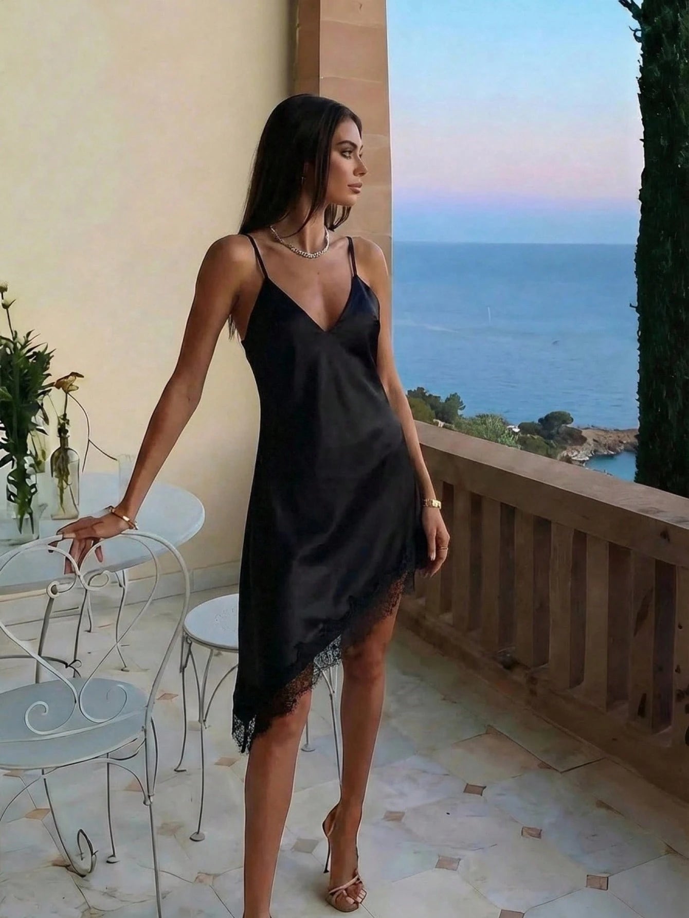 Aloruh Women's Elegant Sexy Black Summer Satin Dress,Lace Trim V-Neck Spaghetti Strap Asymmetrical Hem Mid-Length Date Night Beach Night Out Vacation Outfits