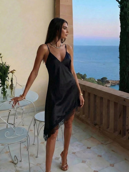 Aloruh Women's Elegant Sexy Black Summer Satin Dress,Lace Trim V-Neck Spaghetti Strap Asymmetrical Hem Mid-Length Date Night Beach Night Out Vacation Outfits