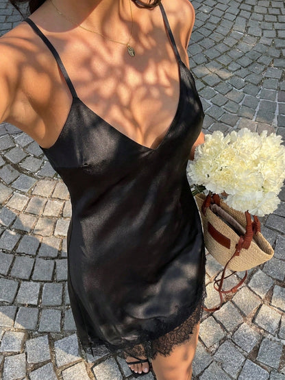 Aloruh Women's Elegant Sexy Black Summer Satin Dress,Lace Trim V-Neck Spaghetti Strap Asymmetrical Hem Mid-Length Date Night Beach Night Out Vacation Outfits