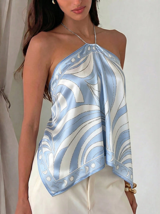 Aloruh Women's Elegant Tie-Dye Chiffon Printed Halter Neck Beach Vacation Top,Summer Top
