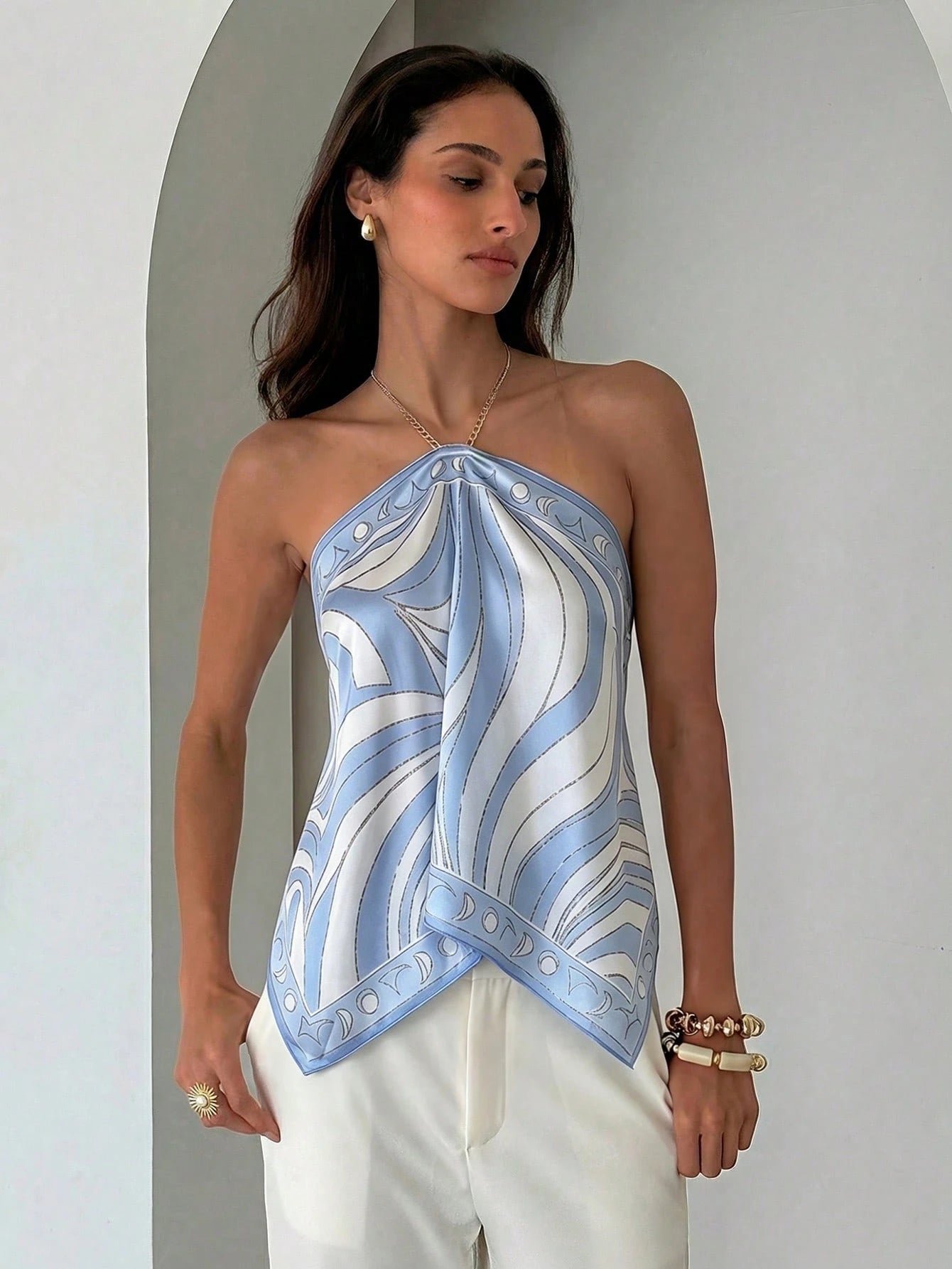 Aloruh Women's Elegant Tie-Dye Chiffon Printed Halter Neck Beach Vacation Top,Summer Top