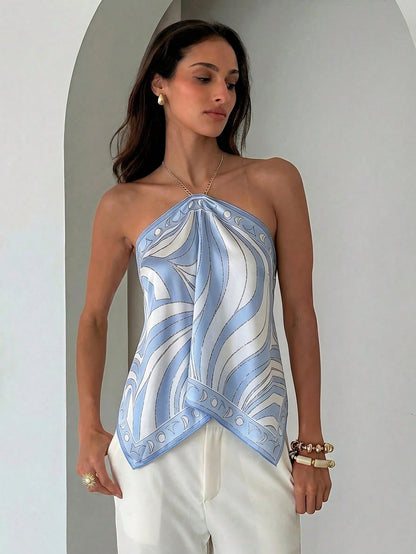 Aloruh Women's Elegant Tie-Dye Chiffon Printed Halter Neck Beach Vacation Top,Summer Top