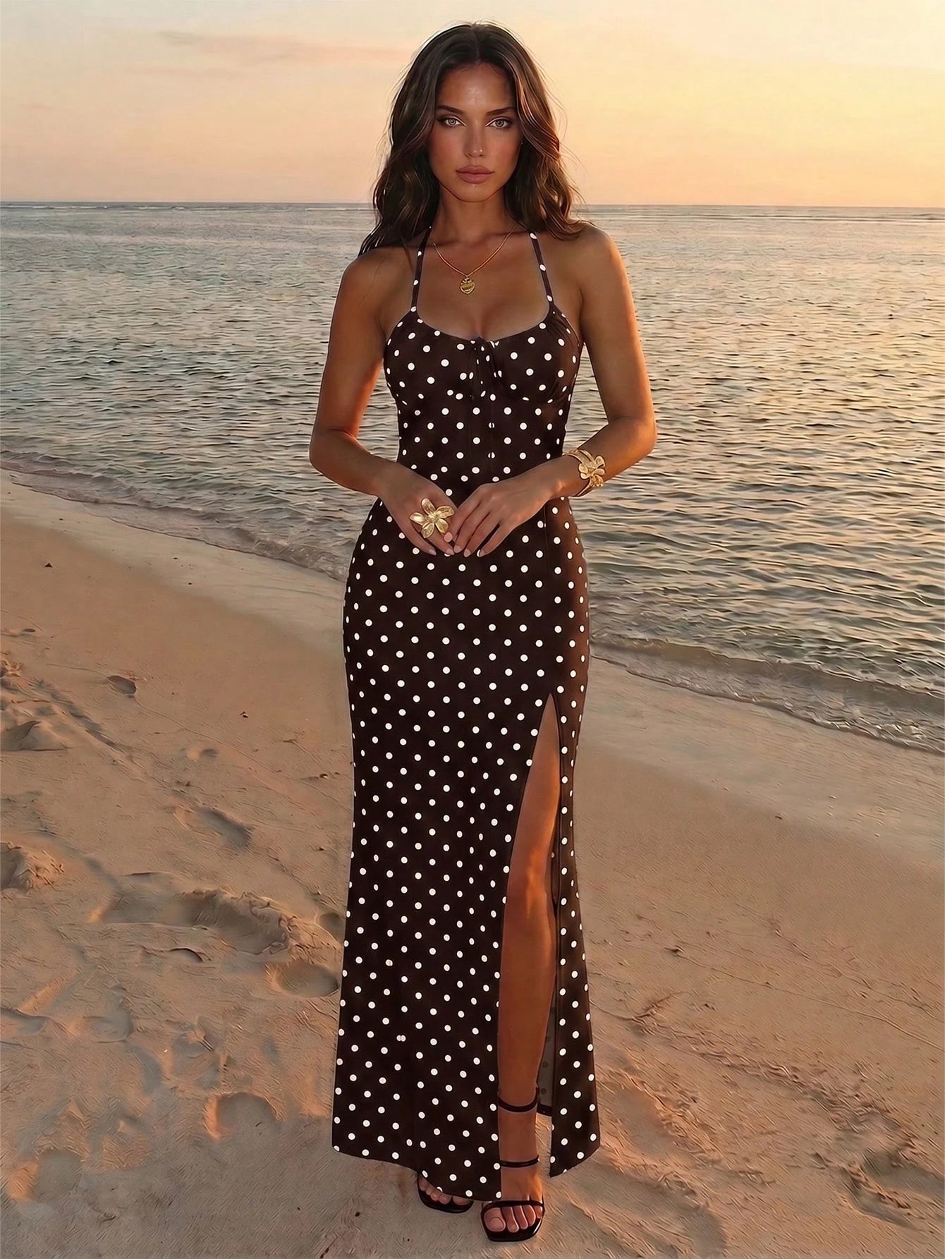 Aloruh Women's Long Brown And White Polka Dot Print Side Slit Slip Dress, Minimalist Fashionable Holiday Boat Trip Holiday Summer,Wedding Guests,Party Dresses For Women