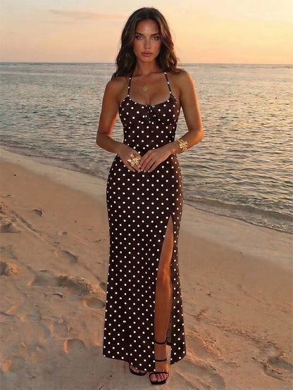 Aloruh Women's Long Brown And White Polka Dot Print Side Slit Slip Dress, Minimalist Fashionable Holiday Boat Trip Holiday Summer,Wedding Guests,Party Dresses For Women