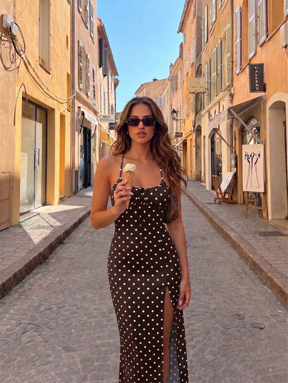 Aloruh Women's Long Brown And White Polka Dot Print Side Slit Slip Dress, Minimalist Fashionable Holiday Boat Trip Holiday Summer,Wedding Guests,Party Dresses For Women
