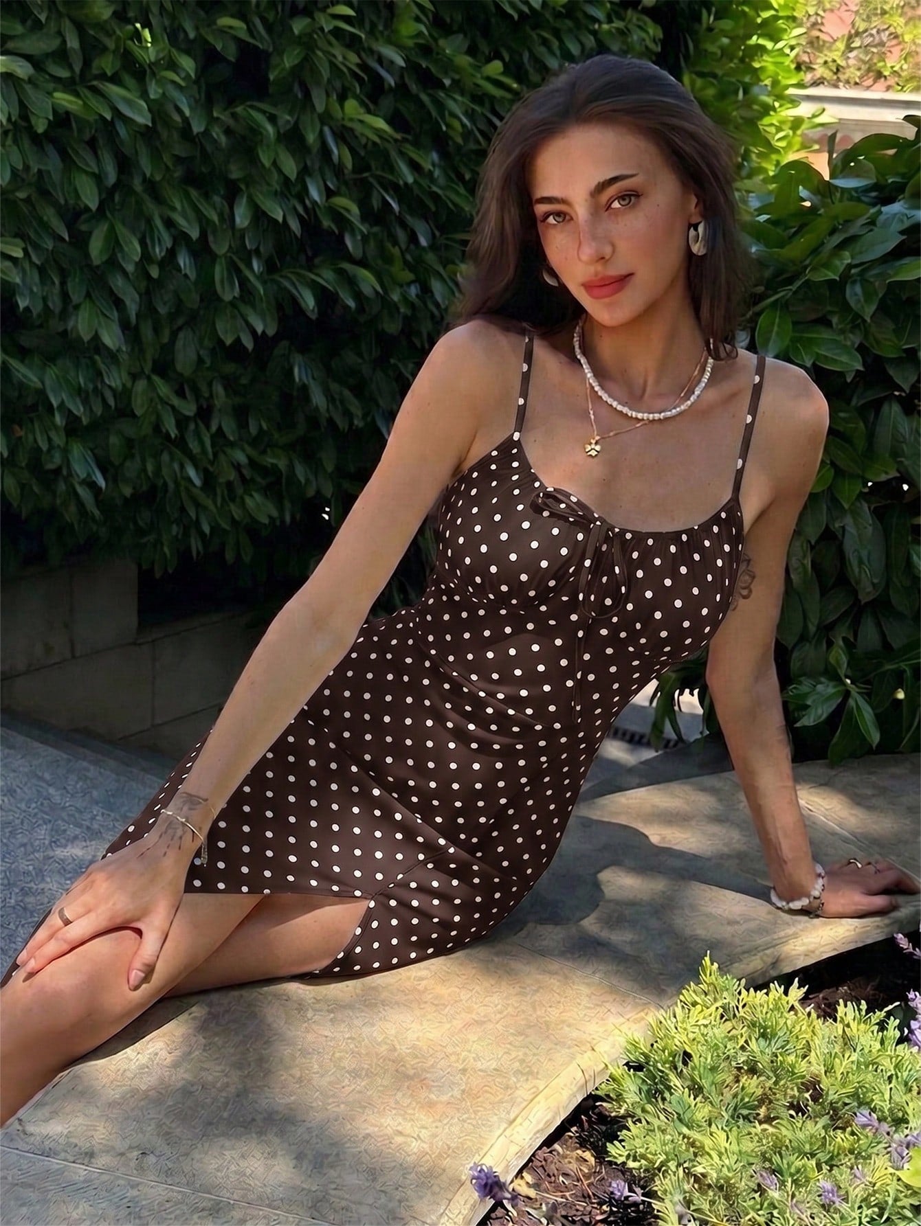 Aloruh Women's Long Brown And White Polka Dot Print Side Slit Slip Dress, Minimalist Fashionable Holiday Boat Trip Holiday Summer,Wedding Guests,Party Dresses For Women