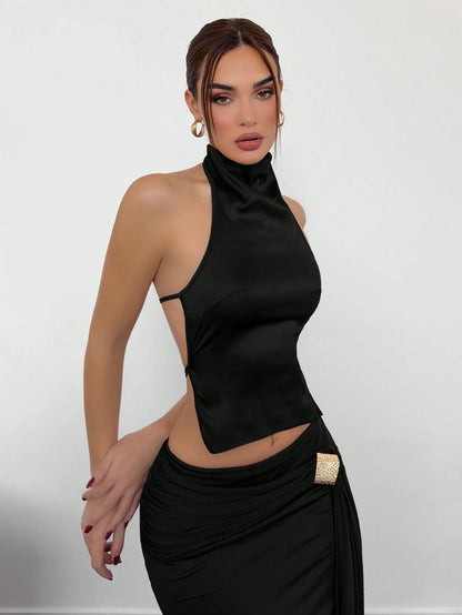 Aloruh Women's New High Collar Backless Satin Cami Top For Party,For Daily,Office,Outgoing, Spring/Summer