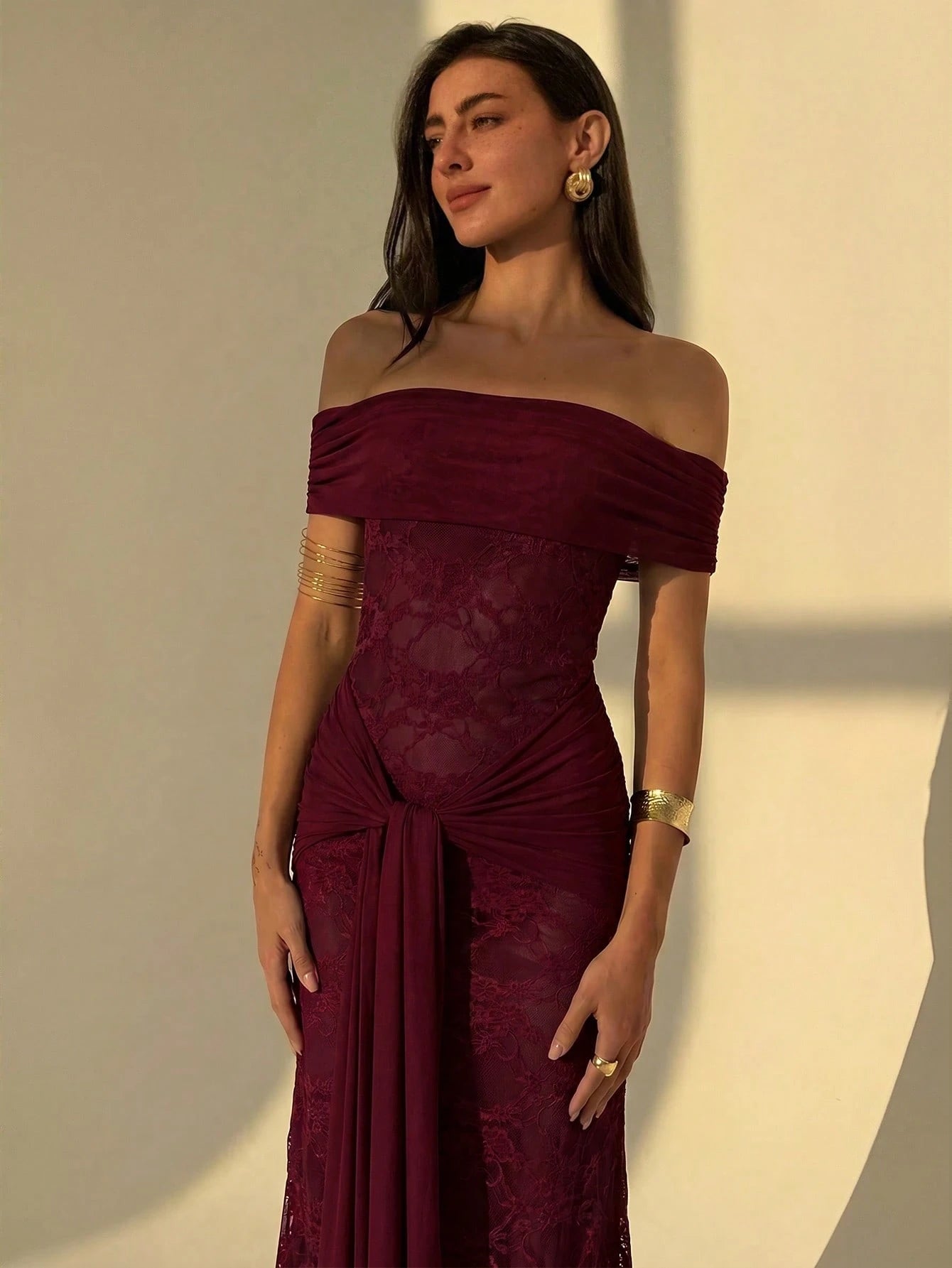 Aloruh Women's Off Shoulder Front Tie Fitted Elegant Dress