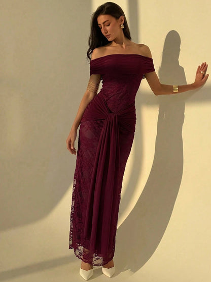 Aloruh Women's Off Shoulder Front Tie Fitted Elegant Dress