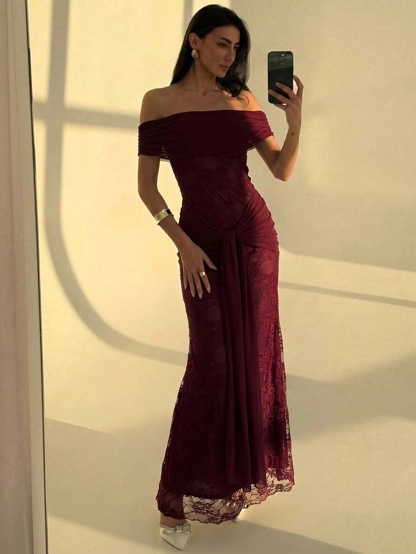 Aloruh Women's Off Shoulder Front Tie Fitted Elegant Dress