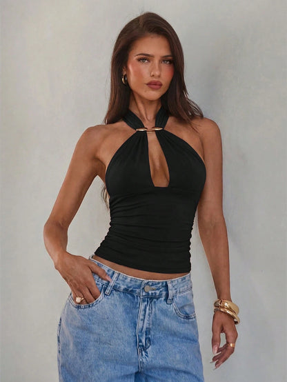 Aloruh Women's Sexy Hollow Out Metal Buckle Decor Halter Neck Backless Camisole