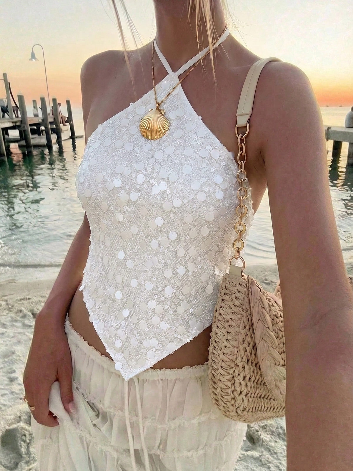 Aloruh Women's Sexy Sequin Backless Halter Top, Summer Beach For Woman Beach Vacation Vacation Boho Tropical Vacation Concert Rave Festival Country Concert Ibiza Nashville Western Top