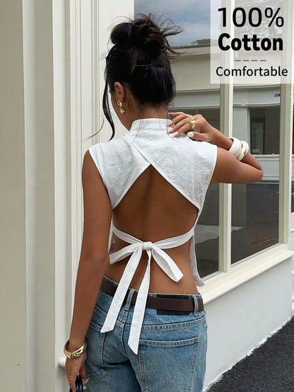 Aloruh Women's Solid Color Mandarin Collar Front Cutout Tie Back Sleeveless Blouse, Suitable For Commuting, Office, Daily Wear, Outing, Casual