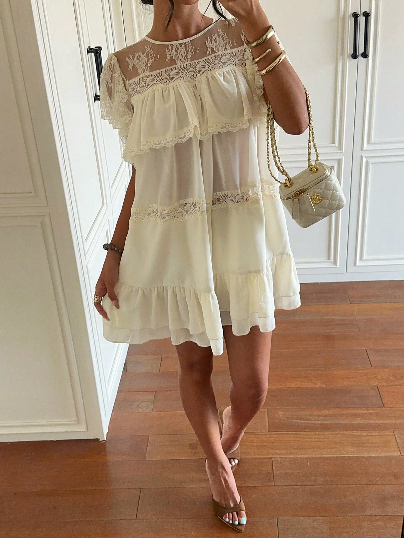 Aloruh Women's Summer New Apricot Elegant Sexy Cute Vacation Travel Influencer Check-In Lazy Pure Desire Daily Street Fashion Multi-Layer Lace Patchwork Chiffon Ruffle Puff Sleeve Stacked Back Tie Min