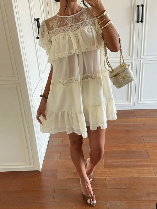 Aloruh Women's Summer New Apricot Elegant Sexy Cute Vacation Travel Influencer Check-In Lazy Pure Desire Daily Street Fashion Multi-Layer Lace Patchwork Chiffon Ruffle Puff Sleeve Stacked Back Tie Min