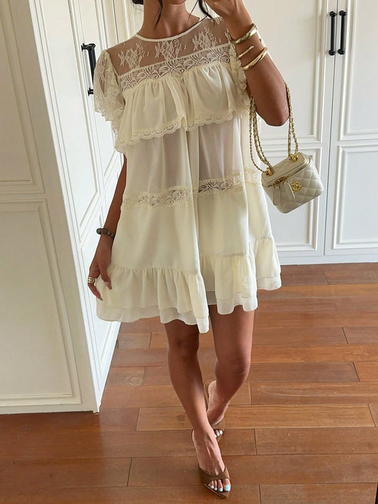 Aloruh Women's Summer New Apricot Elegant Sexy Cute Vacation Travel Influencer Check-In Lazy Pure Desire Daily Street Fashion Multi-Layer Lace Patchwork Chiffon Ruffle Puff Sleeve Stacked Back Tie Min