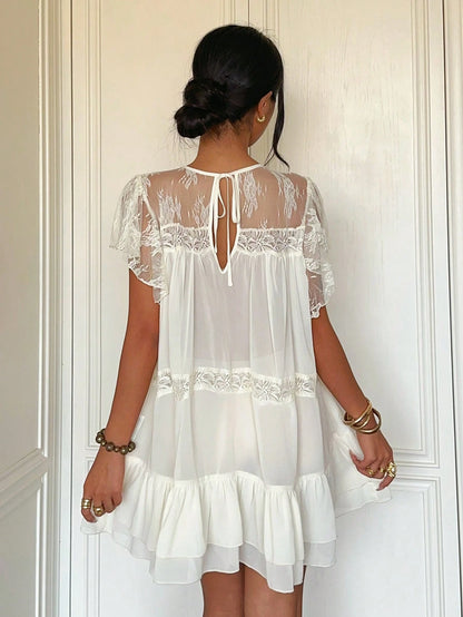 Aloruh Women's Summer New Apricot Elegant Sexy Cute Vacation Travel Influencer Check-In Lazy Pure Desire Daily Street Fashion Multi-Layer Lace Patchwork Chiffon Ruffle Puff Sleeve Stacked Back Tie Min