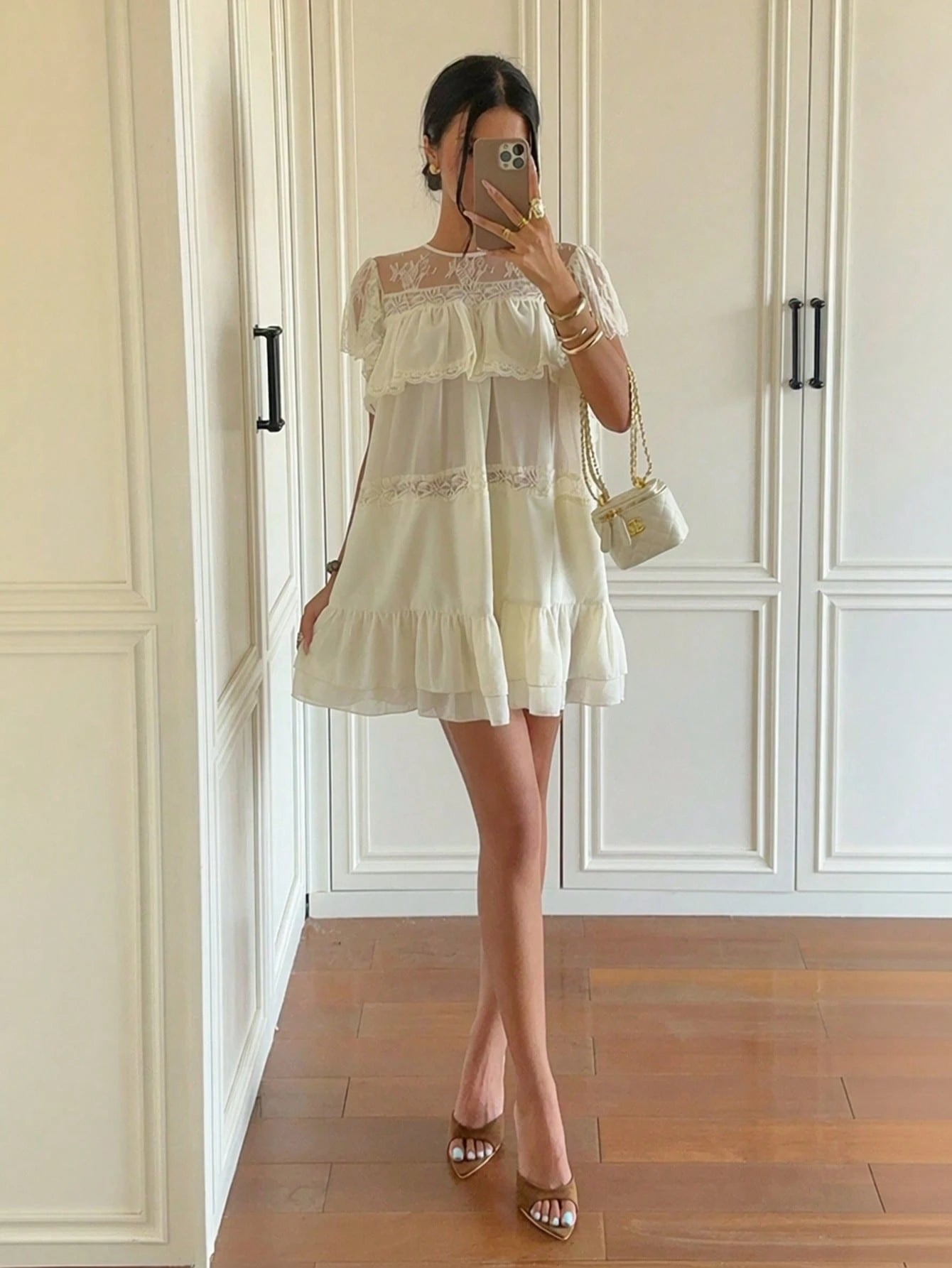Aloruh Women's Summer New Apricot Elegant Sexy Cute Vacation Travel Influencer Check-In Lazy Pure Desire Daily Street Fashion Multi-Layer Lace Patchwork Chiffon Ruffle Puff Sleeve Stacked Back Tie Min