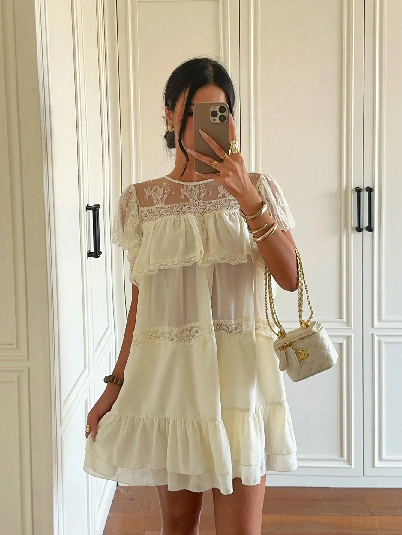 Aloruh Women's Summer New Apricot Elegant Sexy Cute Vacation Travel Influencer Check-In Lazy Pure Desire Daily Street Fashion Multi-Layer Lace Patchwork Chiffon Ruffle Puff Sleeve Stacked Back Tie Min