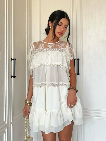 Aloruh Women's Summer New Apricot Elegant Sexy Cute Vacation Travel Influencer Check-In Lazy Pure Desire Daily Street Fashion Multi-Layer Lace Patchwork Chiffon Ruffle Puff Sleeve Stacked Back Tie Min