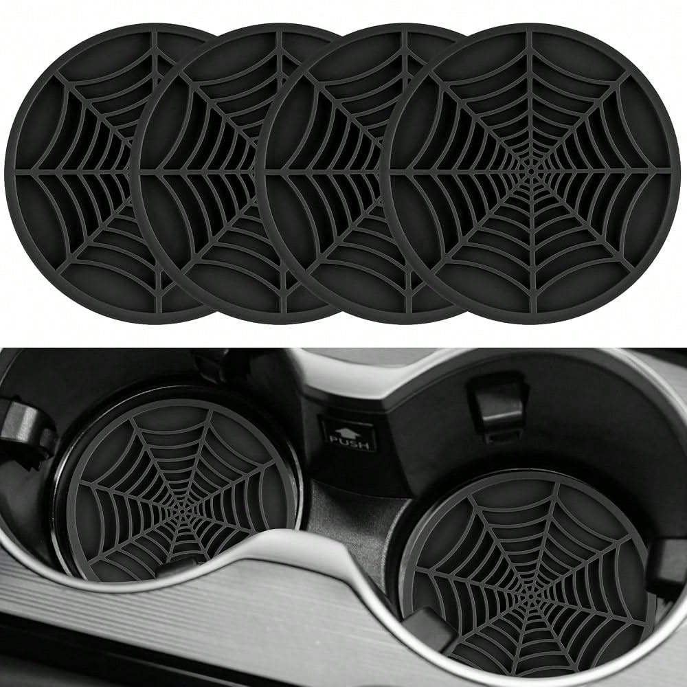 Alpmosn 4PCS Spider Web Car Coasters For Cup Holders, Halloween Funny Non-Slip Silicone Insert Ornaments Coasters, Automotive Cupholder