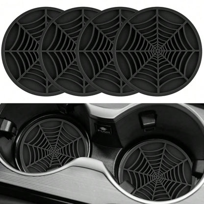 Alpmosn 4PCS Spider Web Car Coasters For Cup Holders, Halloween Funny Non-Slip Silicone Insert Ornaments Coasters, Automotive Cupholder