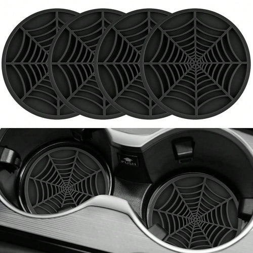 Alpmosn 4PCS Spider Web Car Coasters For Cup Holders, Halloween Funny Non-Slip Silicone Insert Ornaments Coasters, Automotive Cupholder