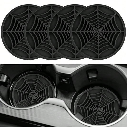 Alpmosn 4PCS Spider Web Car Coasters For Cup Holders, Halloween Funny Non-Slip Silicone Insert Ornaments Coasters, Automotive Cupholder