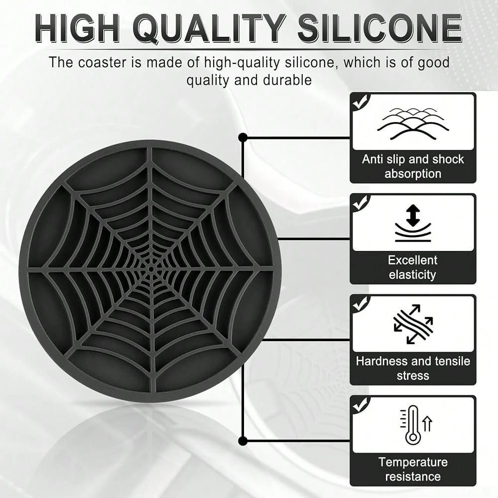 Alpmosn 4PCS Spider Web Car Coasters For Cup Holders, Halloween Funny Non-Slip Silicone Insert Ornaments Coasters, Automotive Cupholder