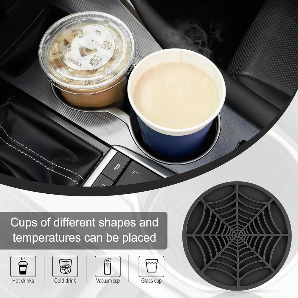 Alpmosn 4PCS Spider Web Car Coasters For Cup Holders, Halloween Funny Non-Slip Silicone Insert Ornaments Coasters, Automotive Cupholder