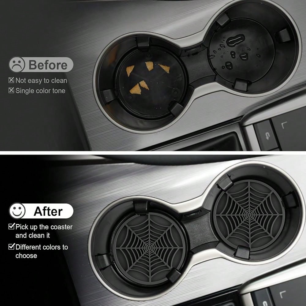 Alpmosn 4PCS Spider Web Car Coasters For Cup Holders, Halloween Funny Non-Slip Silicone Insert Ornaments Coasters, Automotive Cupholder