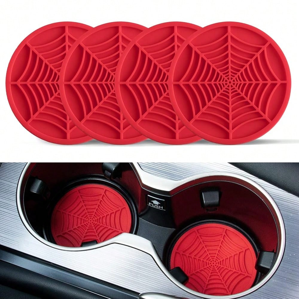 Alpmosn 4PCS Spider Web Car Coasters For Cup Holders, Halloween Funny Non-Slip Silicone Insert Ornaments Coasters, Automotive Cupholder