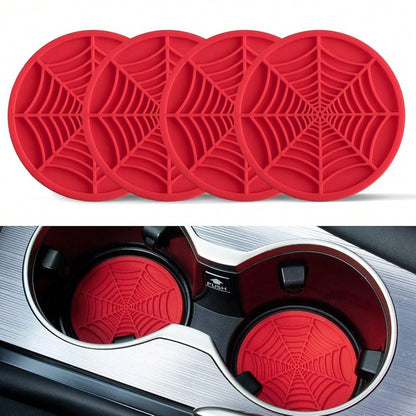 Alpmosn 4PCS Spider Web Car Coasters For Cup Holders, Halloween Funny Non-Slip Silicone Insert Ornaments Coasters, Automotive Cupholder