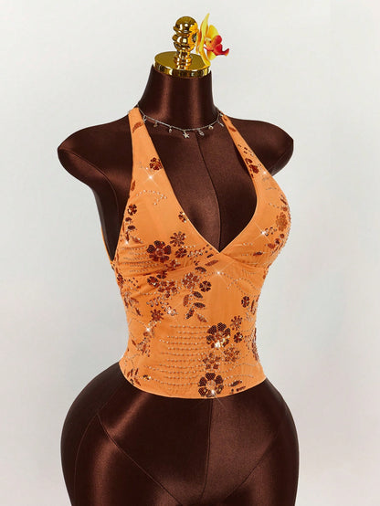 Amplova 2025 New Summer Vacation Wear, Women's Sleeveless Deep V-Neck With Embroidered Pearls, Back To School Party Casual & Sexy