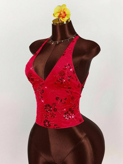 Amplova 2025 New Summer Vacation Wear, Women's Sleeveless Deep V-Neck With Embroidered Pearls, Back To School Party Casual & Sexy