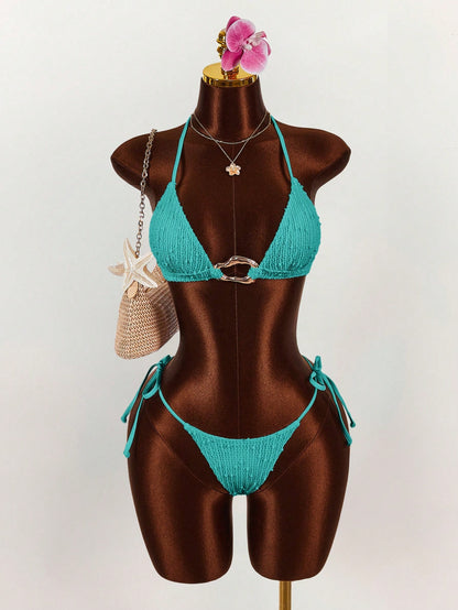 Amplova 3pcs Women's Sexy Halter Bikini Set - Top, Bottom, And Cover-Up Beach Vacation Outfits For Women