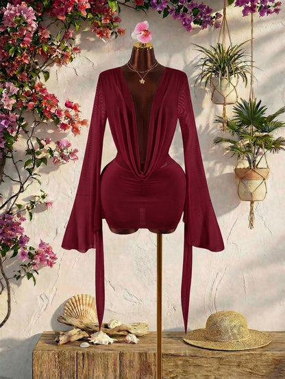 Amplova Romantic Sexy Vacation Burgundy Low Neck Draped Collar Bell Sleeve Bodycon Mini Dress Vacation Autumn Club Party Night Out
