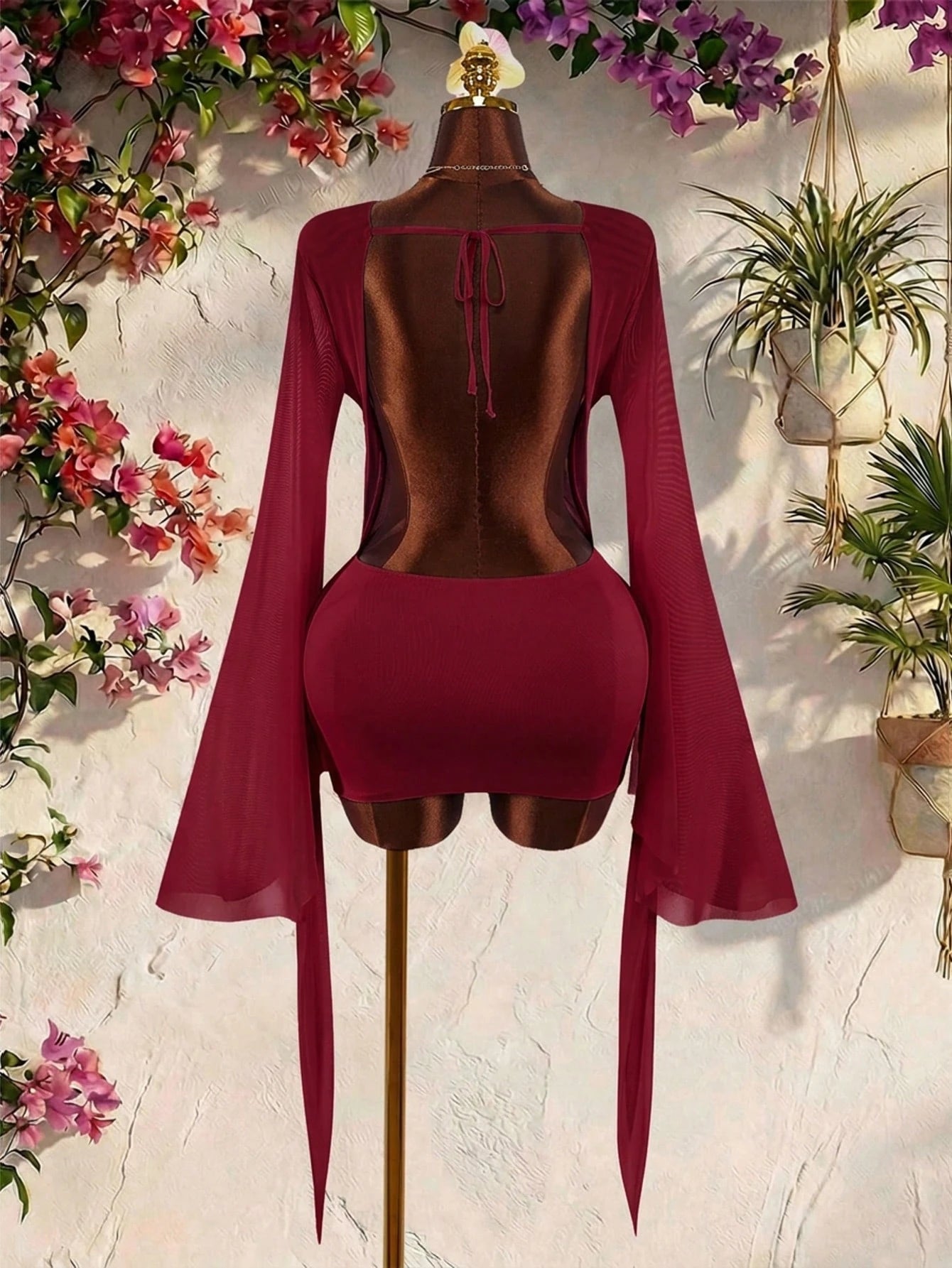 Amplova Romantic Sexy Vacation Burgundy Low Neck Draped Collar Bell Sleeve Bodycon Mini Dress Vacation Autumn Club Party Night Out