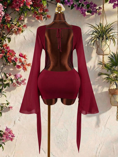 Amplova Romantic Sexy Vacation Burgundy Low Neck Draped Collar Bell Sleeve Bodycon Mini Dress Vacation Autumn Club Party Night Out