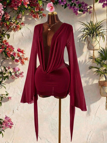 Amplova Romantic Sexy Vacation Burgundy Low Neck Draped Collar Bell Sleeve Bodycon Mini Dress Vacation Autumn Club Party Night Out