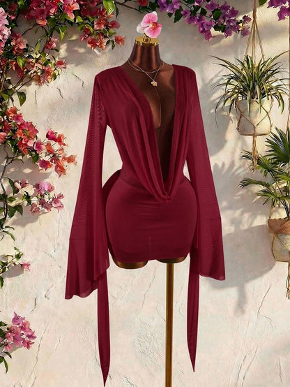 Amplova Romantic Sexy Vacation Burgundy Low Neck Draped Collar Bell Sleeve Bodycon Mini Dress Vacation Autumn Club Party Night Out