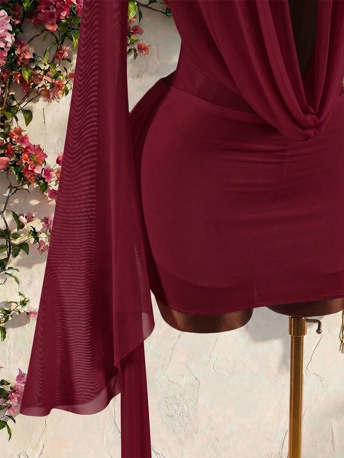 Amplova Romantic Sexy Vacation Burgundy Low Neck Draped Collar Bell Sleeve Bodycon Mini Dress Vacation Autumn Club Party Night Out