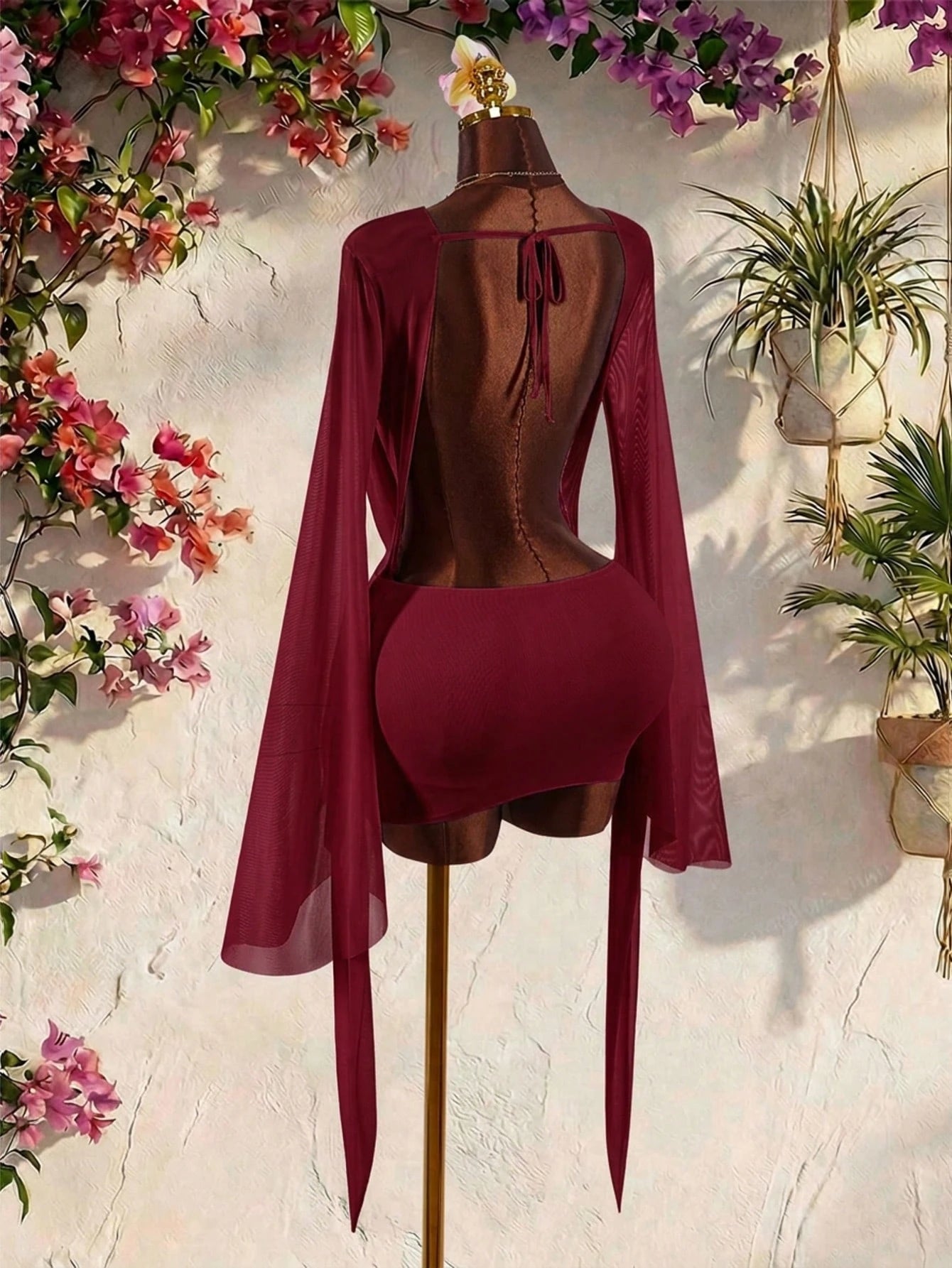 Amplova Romantic Sexy Vacation Burgundy Low Neck Draped Collar Bell Sleeve Bodycon Mini Dress Vacation Autumn Club Party Night Out