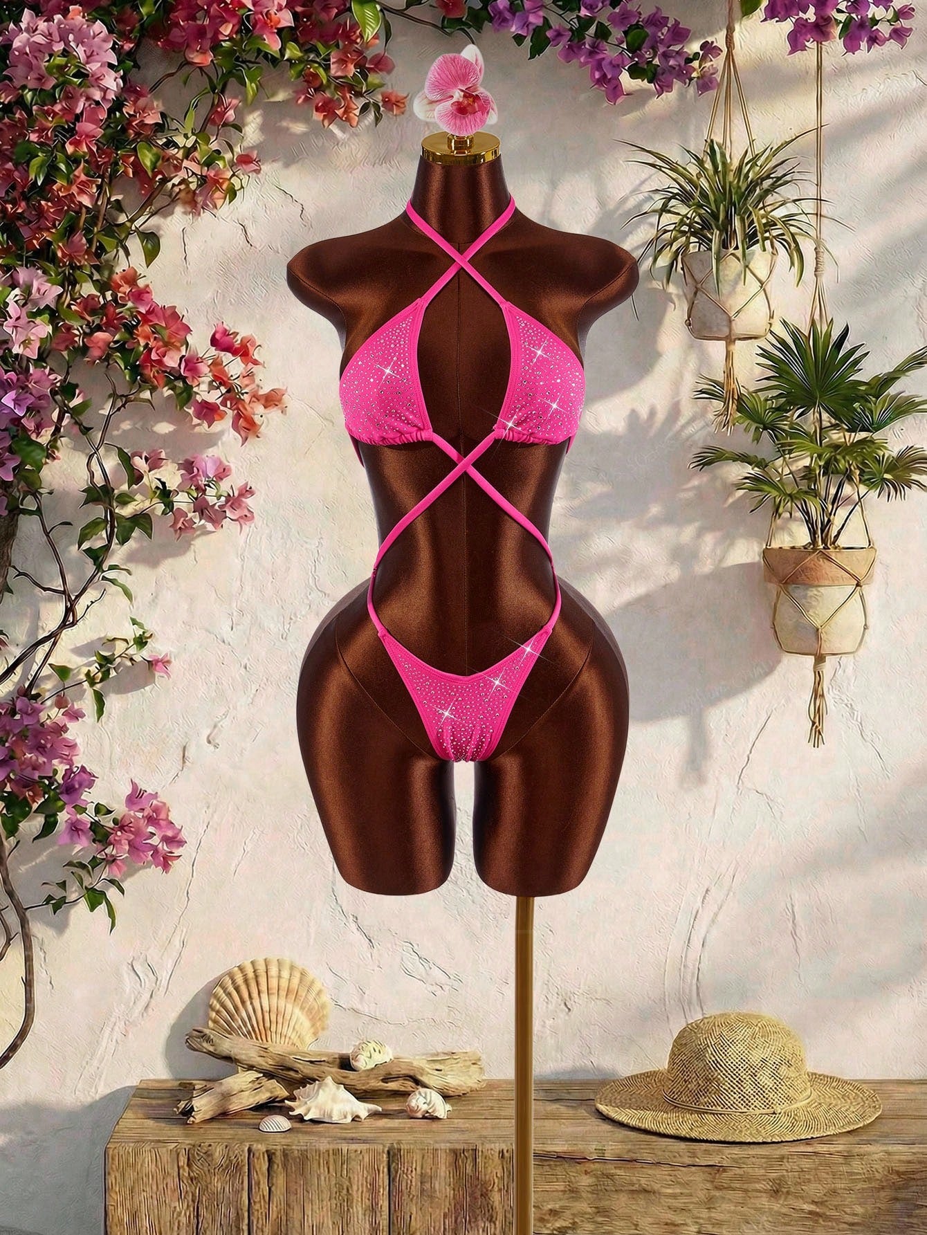 Amplova Women's One-Piece Swimsuit, Avant-Garde Hot Pink Summer Bandage Beach Party Rhinestone Embellished Criss-Cross Halter Open Back Holiday Outfits Sexy