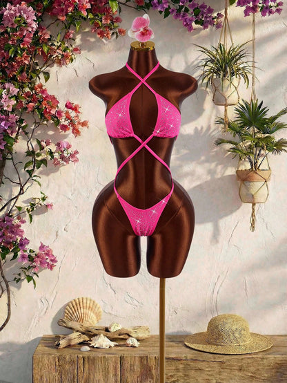 Amplova Women's One-Piece Swimsuit, Avant-Garde Hot Pink Summer Bandage Beach Party Rhinestone Embellished Criss-Cross Halter Open Back Holiday Outfits Sexy