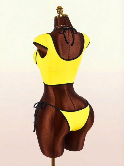 Amplova Women's Swimwear Set With Underwire Cups, Contrast Trim, Sports Style Suitable For Vacation, Sexy And Fashionable Set With Short Sleeve And Tie Pants